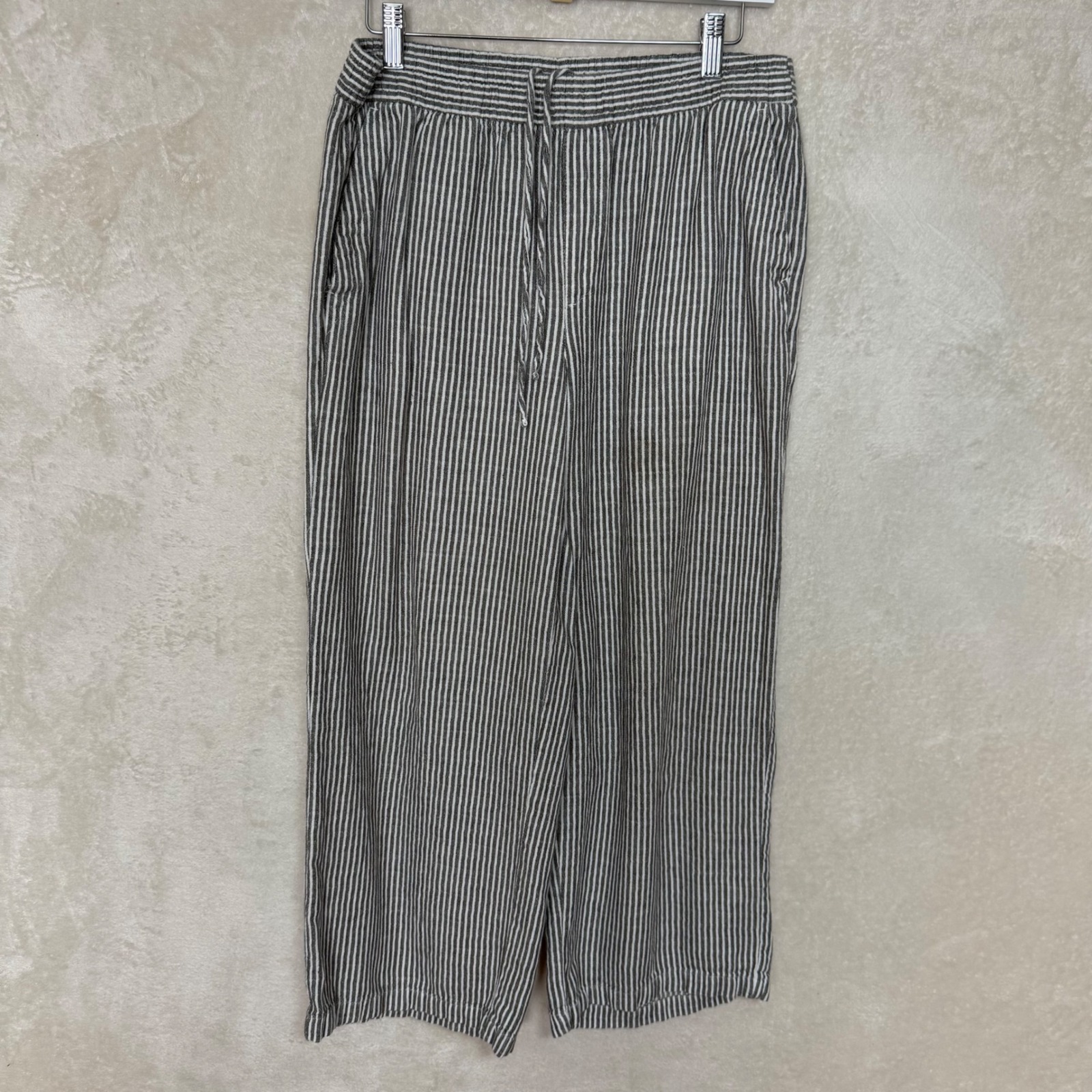 Old Navy Womens Medium Grey White Striped Linen Blend Wide Leg Drawstring Pants